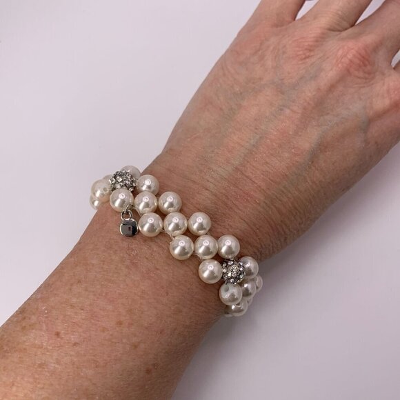 Faux Pearl & Crystal Stretch Bracelet White & Silver One Size - Picture 2 of 7